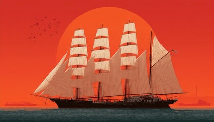 Large sailing ship at sunset (1)