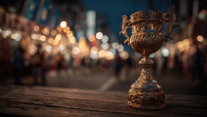 Golden trophy on wooden surface, blurred city lights background