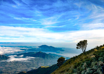 Beautiful mountain landscape with clear blue sky, green valley, and trees on the hillside under bright daylight. Scenic nature view perfect for travel and adventure themes.