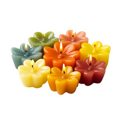 Vibrant collection of colorful flower shaped candles glowing with warm, inviting light creating a serene and cozy atmosphere perfect for relaxation and ambiance