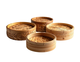 Four light-brown wooden bamboo steamer baskets, nested