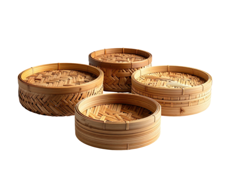 Four light-brown wooden bamboo steamer baskets, nested