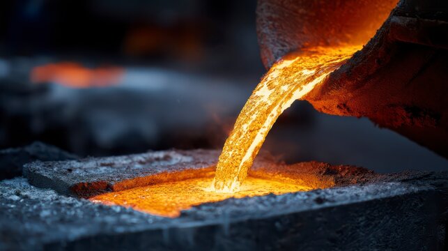 Molten Metal Pouring: Close-up shot of liquid metal being poured from a crucible, with vibrant color of the scorching metal, the high-temperature environment. - Powered by Adobe