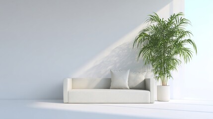 Minimalist white lounge with sunlit serenity, whispering Zen tranquility, perfect for Pi Day reflections or National Simplicity Day