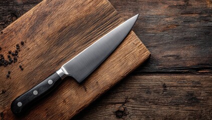 A stainless steel chef's knife rests on a rustic wooden cutting board