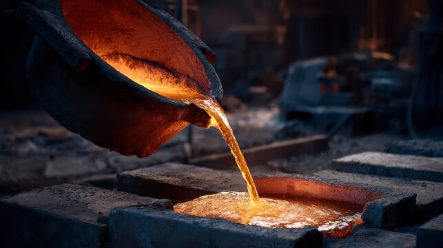 Molten Metal Pouring: A dramatic close-up of molten metal cascading from a crucible, filling a mold in an industrial setting, showcasing the raw power and transformative process of manufacturing.