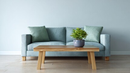 Tranquil teal sofa whispers serenity, cradling a jade plant on rustic table; perfect for Hygge-inspired Earth Day retreats