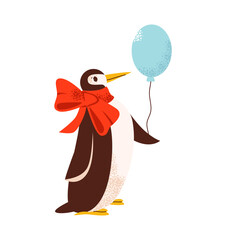 Flat vector illustration of cute baby penguin with bow and balloon. Festive Christmas and winter holiday character.