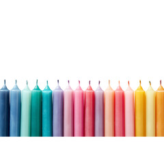 Vibrant rainbow collection of slim taper candles lined up in a beautiful spectrum of pastel and bright colors, perfect for creating festive ambiance and celebrations.