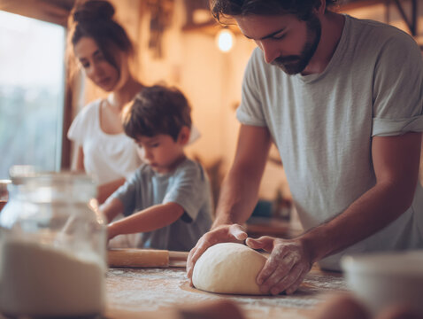 Warm and cozy family moments in the kitchen. Children and parents prepare dough and share sweet holiday traditions together. Perfect for winter, family, holiday, and culinary concepts. - Powered by Adobe