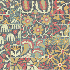 Seamless vector pattern with vintage floral tiles. Ethnic ornamental design with patchwork effect. Grunge texture and traditional folk motifs. Vector illustration.