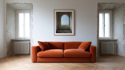 Orange velvet sofa anchors minimalist room, merging rustic serenity and modern clarity, perfect for World Interior Design Day reflection