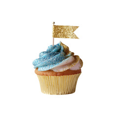 Celebrate joy with a dazzling, glitter-covered cupcake topped with a shimmering gold flag, perfect for festive occasions and sweet moments