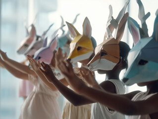 Children wearing handmade animal masks dancing in bright indoor space. Playful atmosphere, candid childhood emotions. Concepts of childhood, carnival, school performance, masquerade