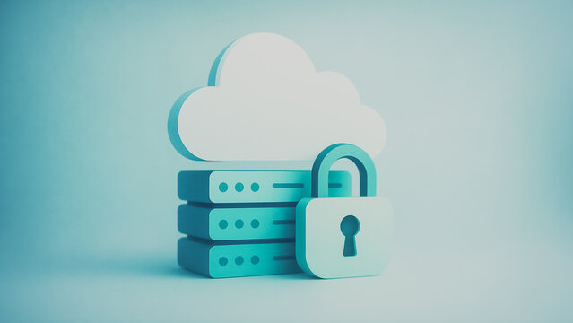 A conceptual representation of secure cloud storage, highlighting the importance of data protection in the digital age. A digital cloud, a server stack, and a padlock interlock.