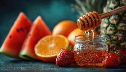 Honey drips from dipper onto jar, amidst fresh fruits