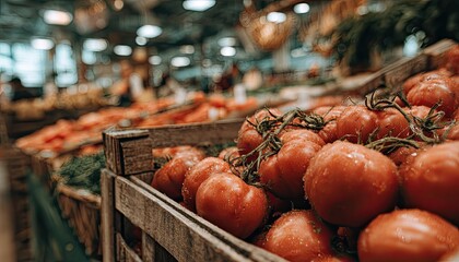 Fresh tomatoes in wooden crates at a grocery store (3)