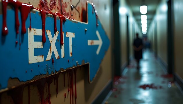 A chilling scene in a dimly lit hallway with a blue exit sign splattered with red blood, creating a sense of horror and urgency, with a blurred figure in the background