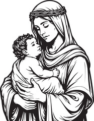 Mother and Child: A touching portrayal of maternal love and spiritual tenderness, featuring a mother tenderly cradling her child, representing the purest form of love and compassion.