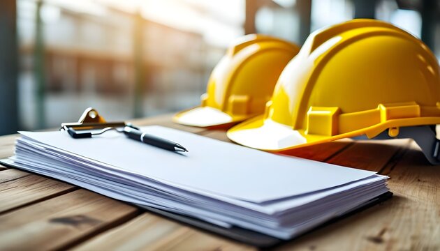 Construction tools with yellow helmets and clipboard - Powered by Adobe