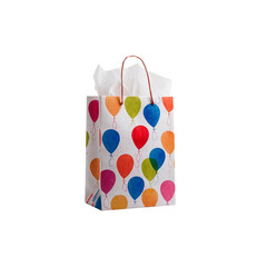 Vibrant gift bag adorned with colorful balloons and tissue paper peeking out, perfect for celebrations and special occasions