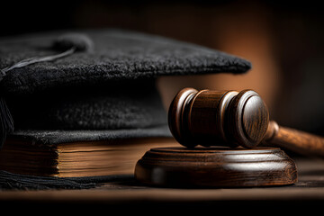A black gavel and a black graduation cap. Education law concept.