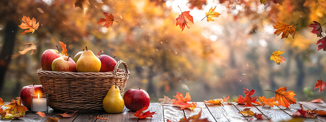 A wicker basket with red apples stands on a wooden podium against a sunny autumn forest – a warm autumn composition for advertising and banners with copy space