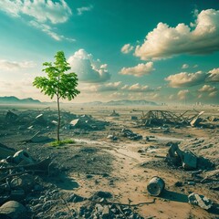 Hope Rises: Lone tree growing amidst ruins in a post-apocalyptic landscape under a vibrant sky
