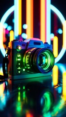 Vibrant Neon Camera on a Reflective Surface with Abstract Circular Light Design