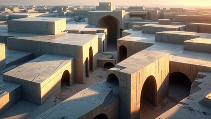 Architectural Concrete Labyrinth: A maze of arches and cuboids bathed in golden light.