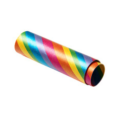 Vibrant rainbow striped ribbon roll unfurled for creative crafting and festive decoration projects, adding a burst of color and joy to any design.