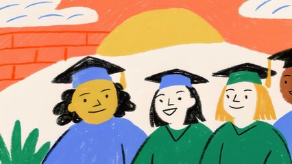 Obraz premium Graduation For Homeschool Students Concept. Graduates in caps and gowns celebrate together outdoors with a sunset backdrop.