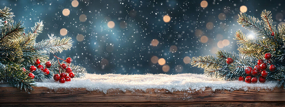 A snow-covered wooden floor with fir branches and snowflakes against a winter night sky – a minimalist, festive backdrop for banners, cards, and advertising layouts with copy space
