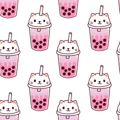 Seamless pattern of pink bubble tea drinks in kawaii cat cups with straws. Playful sweet beverage design for decoration and textile.