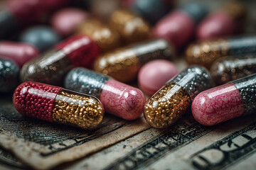 A close-up image of colorful capsules scattered on a US dollar bill. The high cost of medication concept.