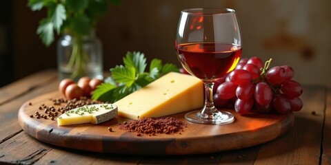 Wine cheese and grapes on a wooden board