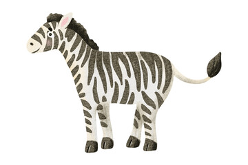 Watercolor zebra illustration isolated on white. Hand drawn African safari animal for kids and nursery decor, Cute child drawing black and white savannah character clip art