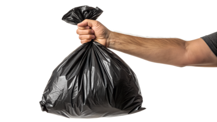 A hand holding a black trash bag isolated on a white background