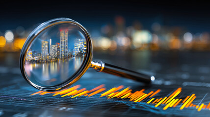 Magnifying glass hovers over stock market data, unveiling financ