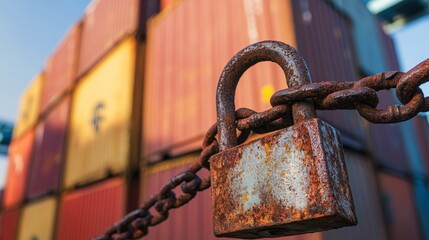 A rusted padlock and chain secure shipping containers, highlighting themes of security and storage in a vibrant, industrial environment.