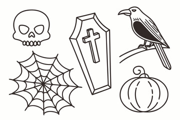 Cartoon doodle sketch vector illustration set of Halloween icons and elements