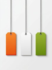 Three hanging price tags, orange, white, and green, on a light gray background
