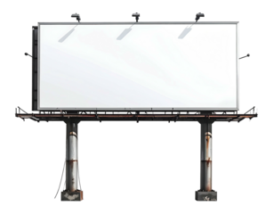 Blank billboard, large rectangular advertising surface, supported by rusty metal posts, urban, outdoors