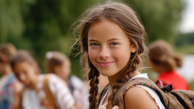 Elementary school student carrying backpack smiling with classmates out of focus in break school background during