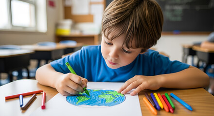 Young student intently colors a vibrant planet Earth drawing with crayons at a classroom desk, fostering creativity and global awareness.