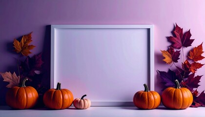 Autumnal Mockup with Pumpkins and Leaves Blank Frame.