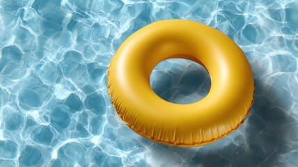 Bright yellow inflatable ring floating in clear blue swimming pool water, perfect and summer relaxation for fun