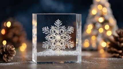 Transparent acrylic block featuring intricate snowflake design with glowing Christmas tree and soft bokeh lights, elegant winter holiday decoration and modern festive tabletop decor