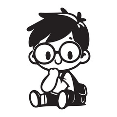 black and white silhouette outline a sad boy art design set.