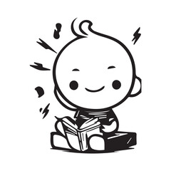 Black and white silhouette outline cartoon funny cute boy character art design set. 